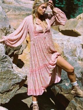 Spell & The Gypsy Collective Poinciana Midi Dress in Cotton Candy Pink Floral